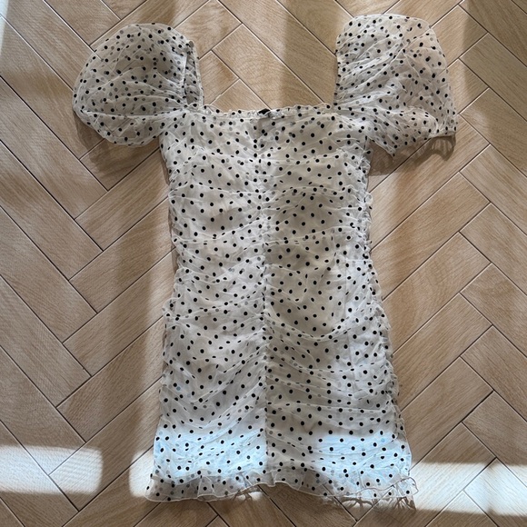 White Polka Dot Draped Tulle Dress with Puff Sleeves - Picture 2 of 5